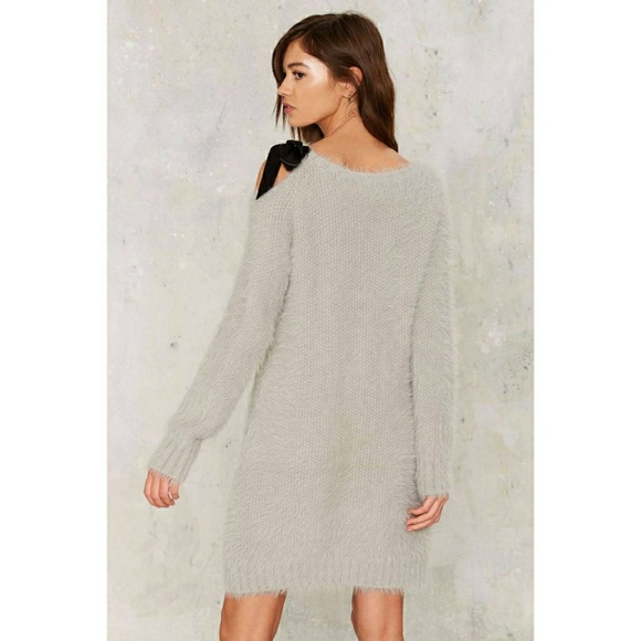 Nasty Gal Cleo Fuzzy Sweater Dress w Shoulder Bow - Picture 2 of 8